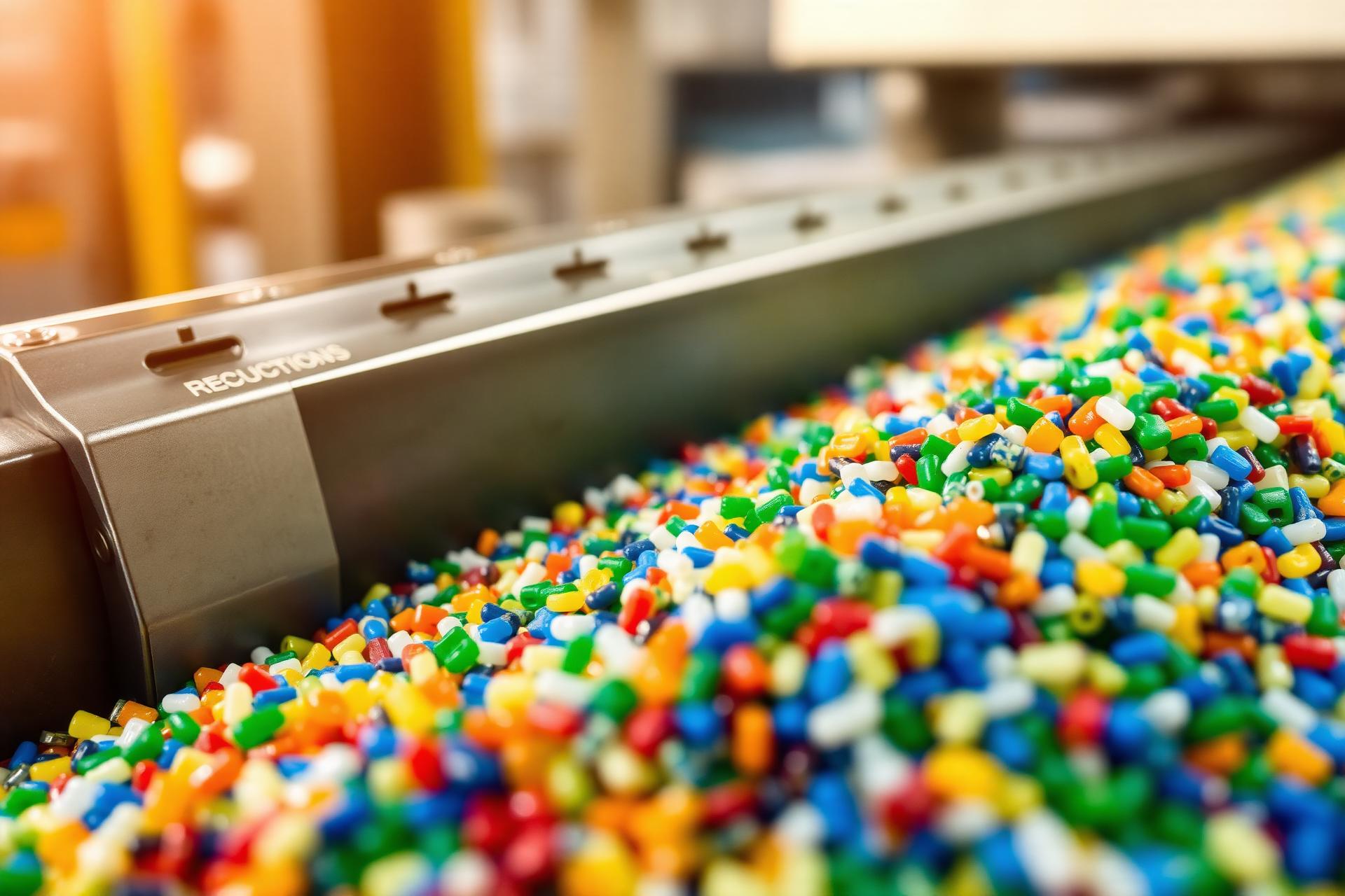 Grânulos plásticos reciclados em linha de produção